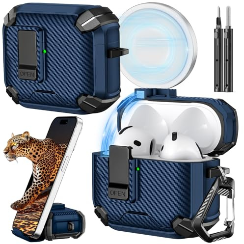 Inesore for AirPods 4 Case, Carbon Fiber Texture-Blue | Compatible with MagSafe, Phone Stand Design Cover for AirPods 4 (2024/ANC), with Cleaning Kit & Keychain