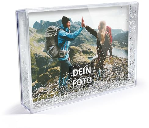 printplanet® - Personalisierter Schüttelrahmen mit Foto - 3D Bilderrahmen mit Silber-Glitzer-Füllung und eigenem Foto gestalten - Acryl-Fotoblock