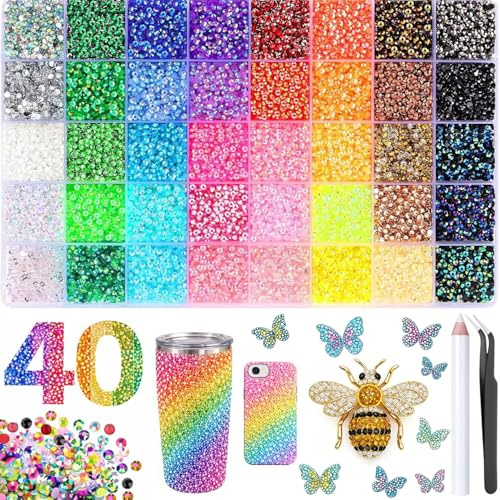 32000PCS Resin Jelly Rhinestones for Crafting, 3mm 40 Colors Flatback Gems for Crafting, Bedazzling Kit with Tweezer and Pickup Pen for Clothes Shoes Nail Book Diamond Art