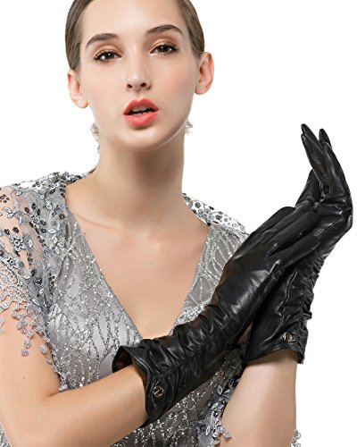 Nappaglo Damen Italienisches Lammfell Leder Handschuhe Winter Warm Langes Fleecefutter Handschuhe (M (Umfang der Handfläche:17.8-19.0cm), Schwarz(Touchscreen))