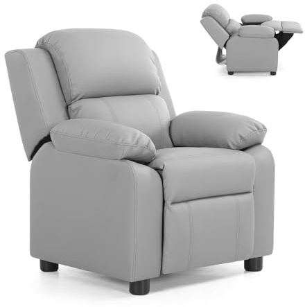 Costzon Kids Recliner, Leather Recliner Chair w/Footrest, Armrest Storage, Headrest & Lumbar Support, Ergonomic Lounge Chair for Living & Gaming Room, Adjustable Recliner Sofa for Boys Girls (Gray)