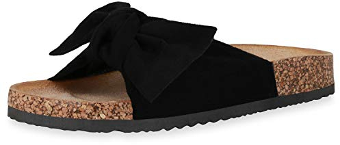 SCARPE VITA Damen Sandalen Pantoletten Schleifen Wildleder-Optik Hausschuhe 175952 Schwarz 37