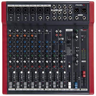 Proel MQ12USB - Mixer ultra-compatto professionale a 12 ingressi e 4 bus con FX e USB per Canto, Live e Karaoke, Nero/Rosso (MQ12USB)