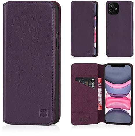 32nd Classic Series 2.0 - Real Leather Book Wallet Flip Case Cover For Apple iPhone 11 (6.1), Real Leather Design With Card Slot, Magnetic Closure and Built In Stand - Aubergine
