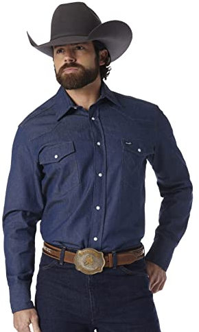 Wrangler Western Long Sleeve Snap Work Shirt Washed Finish Camicia, Blu Jeans Scuro, XL Uomo
