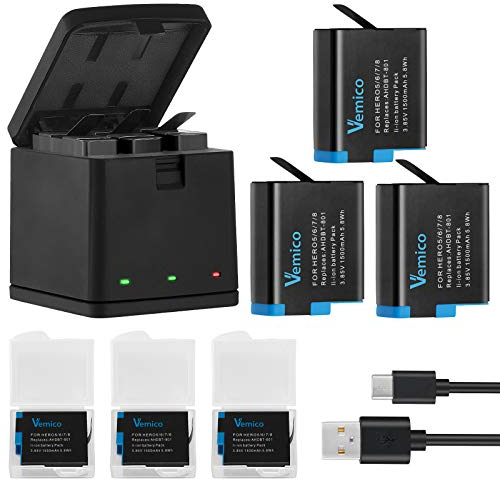 Vemico Hero 8 Batteria Caricabatterie Kit 3 x 1500mAh Batterie di Ricambio e USB Tipo-C LED a 3 Canali Caricatore per Hero 7 Black/Hero 8 /Hero 6 /Hero 5/AHDBT-801