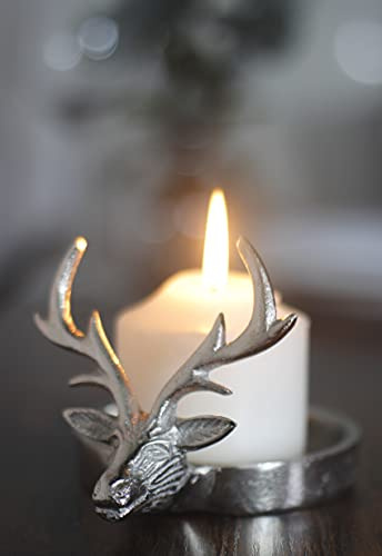 Garden Mile Antique Silver Stag Pillar Candle Holder Tray Christmas Decorations 10cm Wide Reindeer Christmas Table Centrepiece Fireplace Wedding Living Room Decor Large Candle Holder for Pillar Candle