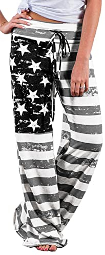 AMYTIS LINGERIE Damen Yoga-Hose Schlafanzughose weich Pyjamahose Fitness Lange Stretch Drawstring Hosen Freizeithose Strandhose Weites Bein Hose, Gray Flag, L