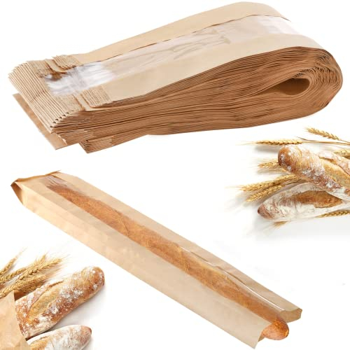 ZENFUN 100 Pack Baguette Paper Bags with Clear Front Window, Fresh Bread Loaf Kraft Packing Bags, 59x10x4 CM Long Bread Kraft Paper Bakery Storage Bag for Homemade Bread, French Bread, Sandwich