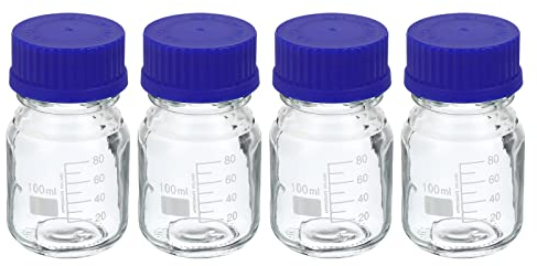 PATIKIL 100mL Reagent Media Bottle, 4Pcs Round Graduated Glass Storage Bottle Blue Screw Cap for Chemistry Lab Universities Home, Clear