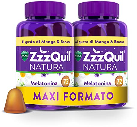 ZzzQuil Natura, Melatonina Per Dormire, Integratore con Melatonina pura ed Estratti Di Valeriana, Camomilla e Lavanda, Maxi Formato 2x72 Pastiglie Gommose, Gusto Mango e Banana