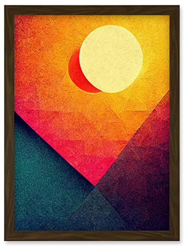 Wee Blue Coo Abstract Geometric Retro Eclipse Moon Sun Yellow Pink Teal Colourful Sunset Artwork Framed Wall Art Print A4