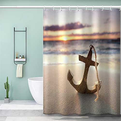 VASENA Duschvorhang 180x180 Erwachsene Duschvorhang Anker 3D Motiv Schwer Stoff Polyester Badvorhang Strand Sonnenuntergang Holzanker Duschvorhang Waschbar Anti Schimmel