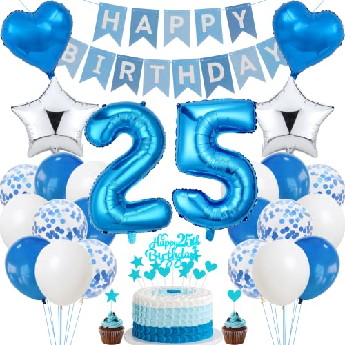 Jrzyhi 25. Geburtstag Dekoration,Blau Tortendeko Geburtstag 25 Jahre Männer,Party Deko Silber,25 Geburtstag Frauen Männer,Tortendeko 25. Geburtstag Mann Frauen,Geburtstagsdeko 25 Jahre Mann Frauen