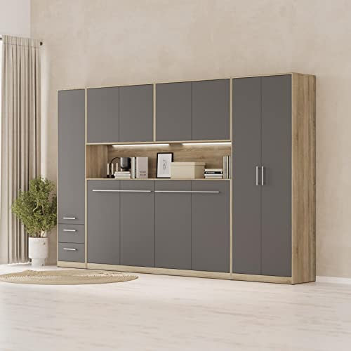 SMARTBett Wohnwand Schlafzimmer Jugendzimmer Gästezimmer Set mit Schrankbett 90x200 + 4 Schränke Eiche Sonoma/Anthrazit