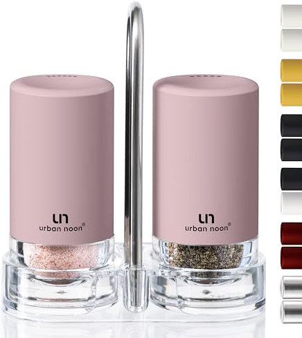 Signature Petal Pink Salt and Pepper Shakers with Holder - Elegant Stainless Steel Salt Shaker and Pepper Shaker Set with Acrylic Holder for Kitchen Counter or Restaurant Table (2-Piece Set)