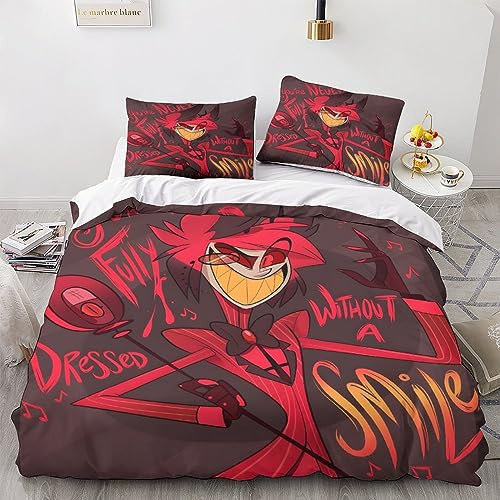 BYTUGI Hazbin Hotel Bettbezug Set Bettwäschegarnitur Für Kinder Mädchen Jungen 3D Gedruckter Comic Reissverschluss Weich Microfaser Und Kissenbezüge Bettwäsche 3 Teilig Double(200x200cm)