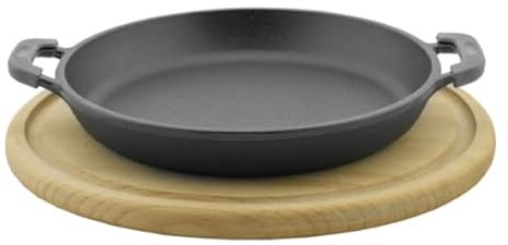 Servierpfanne 14 cm aus Gusseisen emailliert Schlemmerpfanne mit Holzbrett | Bratpfanne mit Ständer, für Fajitas, BBQ, Omelette, Tapas und Desserts Gusspfännchen mit Holzuntersetzer