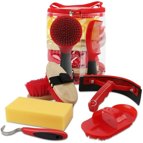 GINDOOR Horse Grooming Kit, 9-Piece Horse Brush Set with Tote Bag, Red