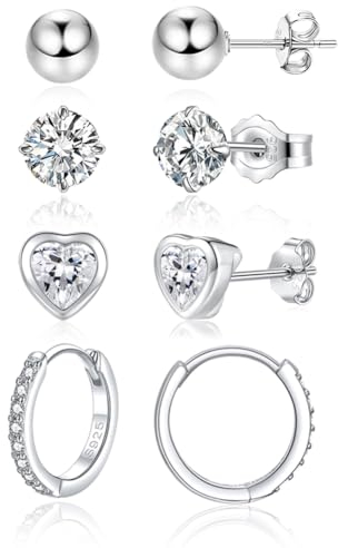 Hasnsofie Creolen Silber 925 Ohrstecker Ohrringe, 4 Paare Sterling Silber Damen Ohrstecker Creolen Ohrringe Set, Weißgold 5mm Klein Schlafen Knorpel Ohrstecker & 14mm Creolen Ohrringe Set für Party