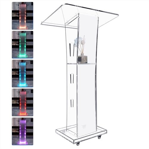 Afitdon Acryl Podium, Transparenter Acryl Rednerpult mit Rädern & Speicher Regal, Kirche Kanzel mit 15 Farbe LED-Licht, Podium Ständer for Kirche, Vortrag, Hochzeit, Klassenzimmer(23.6x16.1x 45.2)