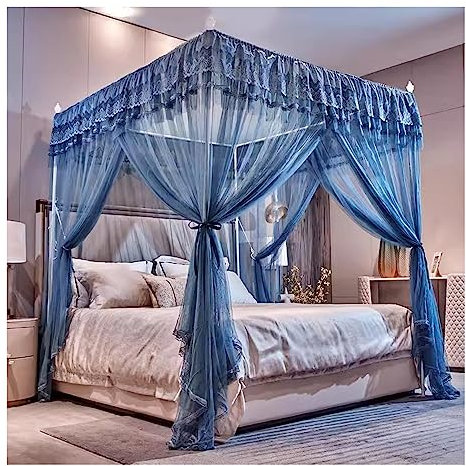 Betthimmel, Blauer Luxus-Bettvorhang, bodenstehender Betthimmel für Prinzessinnenzimmer, Schlafzimmer für Erwachsene, Dekoration, 360 ° schützendes Moskitonetz, mit Halterung (Größe: 150 x 2