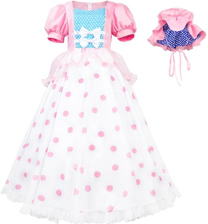 Cuzeolin Costume Bo Peep pour femme avec bonnet rose à pois – Robe de princesse pour Halloween, costumade – Robe de bal pour adulte