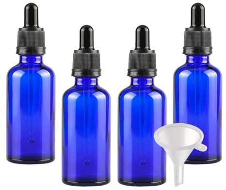 LusDoly 4 Pcs 50ml Blue Glass Dropper Bottles with Tamper-Evident Screw Cap Bottle Vials for Essential Oil Aromatherapy Fragrance Blends