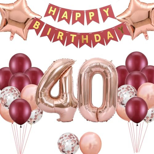 Luftballons 40 GeburtstaKg Frauen Deko, Geburtstagsdeko 40 Jahre Frau Ballon, 40.Burgund Rose Gold Deko Ballon, 40. Geburtstag Deko Set, 40. Geburtstag Frauen Dekoration