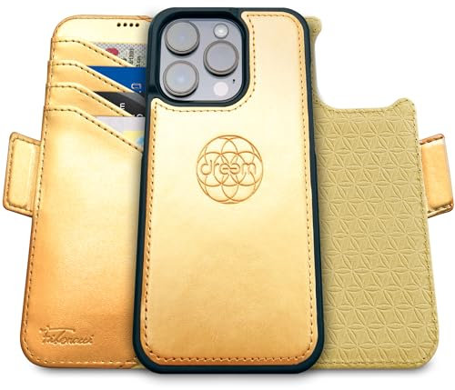 dreem for iPhone 16 Pro Max Case Wallet, Revolutionary Phone Stand, Vegan Leather, MagSafe-Fit, Magnetic Detachable Flip Cover, RFID Blocking Card Holder, Gift-Box [Fibonacci:Gold]