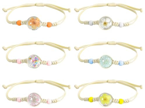 6 Pezzi Braccialetto Dell'amicizia per Ragazza con Pendente a Fiori Secchi, Multi Colore, Regolabile, Fatti à Mano