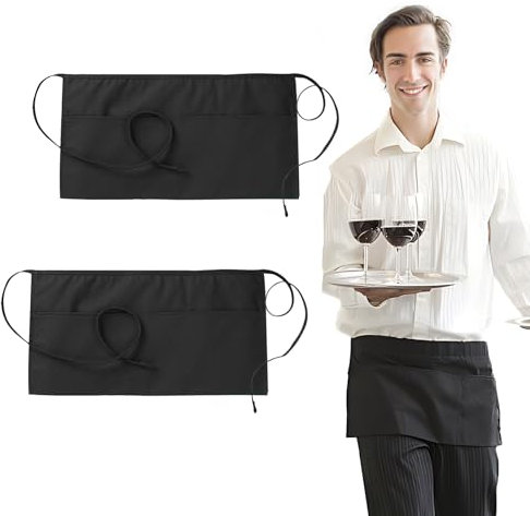 Velicber 2 Stück Schürze Schwarz, Kellnerschürze, Kurz Koch Küchenschürze Damen Herren mit 3 Taschen, Apron für Kochen, Reinigen, Malen, Gärtnern, Bistro, Café, Restaurant