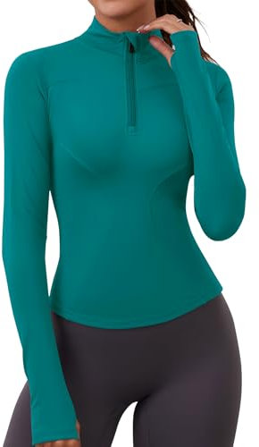 iWoo Sport T-Shirt Damen Sportshirt Gym Top Langarmshirt Half Zip Sportjacke Sweatshirt Funktionsshirt Langarm Laufshirt für Fitness Winter Sport Oberteile Blau Grün XS