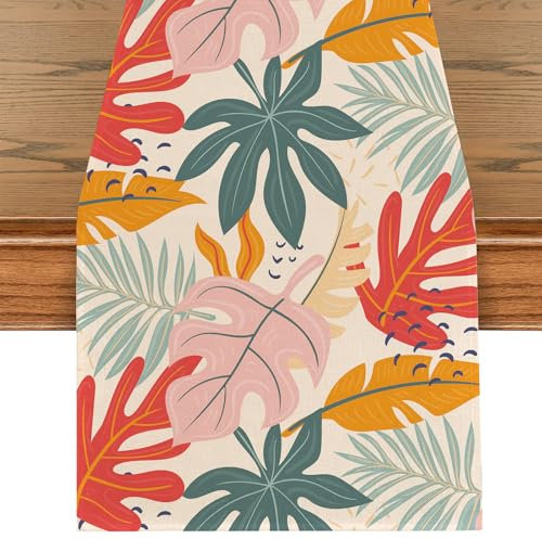 Camino de Mesa Tropicales Hojas de Palma de Monstera Flores Hawai Verano Mantel para Comedor Sala Fiesta Interior Exterior Hogar Festival Cumpleaños, Bodas Comunión Confirmación Decoraciones 40x180cm