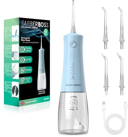 BarberBoss idropulsore dentale, irrigatore orale elettrico senza fili, 5 modalità di pressione, serbatoio da 340 ml, impermeabile IPX8, dispositivo portatile per la cura delle gengive (Blu Pastello)
