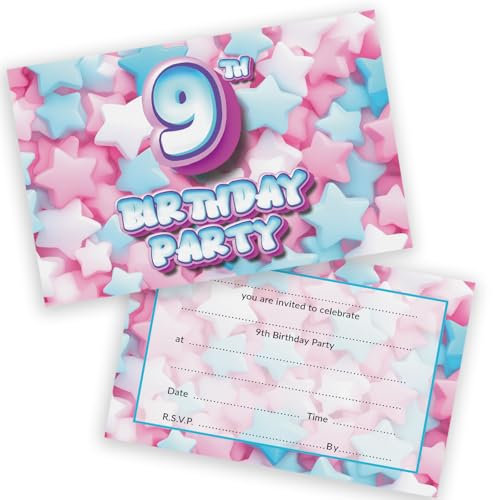 9th Birthday Party Invitations Kids - Sweet Marshmallow 20 Pack - Childrens Birthday Invitations for Boys/Girls A6 Bday Party Invites Invitation Cards with Folding Envelopes
