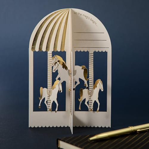 Hallmark Hall & Co 3D Pop Up Carousel Card, Birthday, Anniversary, | Keepsake, White, Gold Foil, Laser Cut, Measures 17.3cm X 11.9cm, Message Inside Let the Magic begin