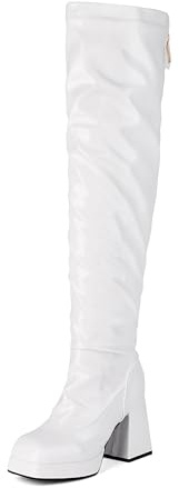 Bviennic Donna Stivali Sopra Il Ginocchio Tacco Alto a Blocco con Plateau Moda Square Toe Zip Festa 2287 Bianco Numero 35 EU