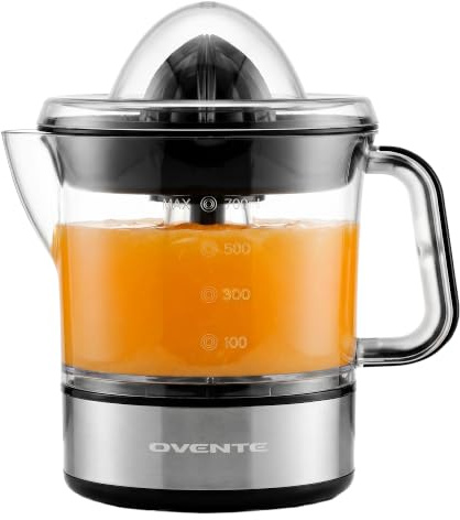 OVENTE Electric Citrus Juicer Machine with 2 Cones for Big and Small Fruit, Pressure Activated, Pulp Control and Easy Pour Spout, Juice Squeezer for Orange, Lemon, Lime or Grapefruit, Black JE2572B