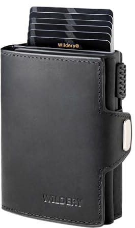 Wildery® Premium Leder Geldbörse Herren – Slim Wallet aus Echtleder, Smart Wallet, Kartenetui & Kartenhalter, Geldbeutel RFID Schutz, Portemonnaie Männer, Portmonee Herren (Ohne Münzfach, Schwarz)