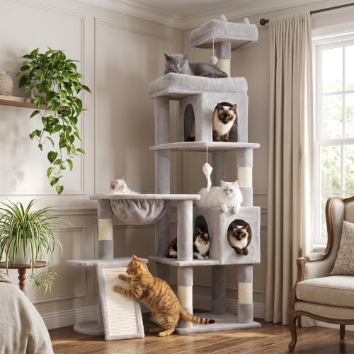 LIKISAK Kratzbaum, 173 cm hoch, Katzenbaum für große Katzen | XL Mehrstöckiger Katzenkratzbaum mit 2 Gemütliche Höhlen, 2 Plattformen, Korb, Kratzbrett, Sisal Kratzbaum, Plüschbälle