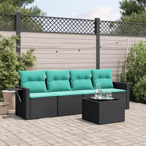 QUAHEAS 5-teiliges Gartensofa-Set aus schwarzem Polyrattan mit blauen Kissen, modularer Aufbau, klappbare Tische für Terrasse und Balkon
