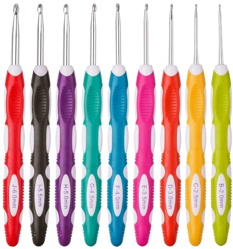 lomdung 9 Stück Häkelnadel Set, Edelstahl Häkelnadeln mit Silikongriff | Ergonomische Bunter Stricken Nadel Rutschfest Häkelnadelns Set, für Anfänger DIY-Stricker Häkelgarn