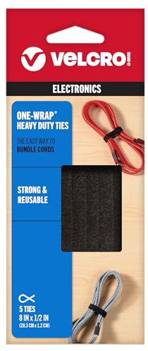 VELCRO Brand ONE-WRAP Bundling Strap – Reusable Fasteners for Keeping Cords and Cables Tidy - 8 x 1/2, 5 Ties, Black
