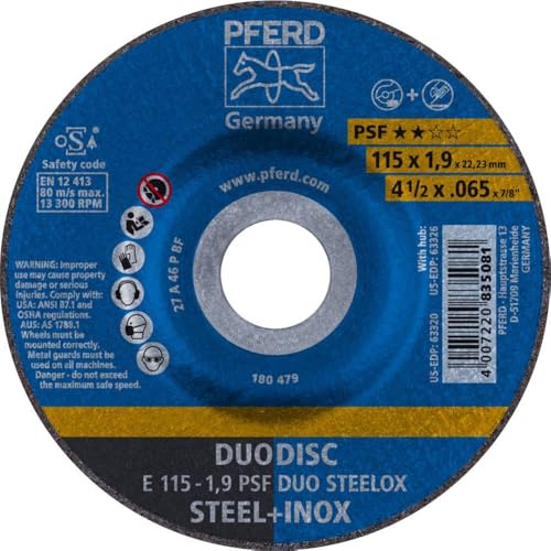 PFERD TOOLS 62011630 DUODISC-Kombischeibe PSF STEELOX 10 Stück | 115 x 1,9 x 22,23 mm, gekröpft | Trennen und Schleifen auf Stahl und Edelstahl (INOX), 115mm x 1.9mm