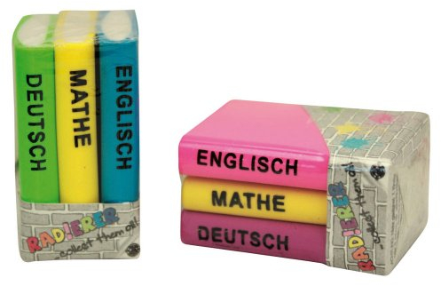 Radiergummi Bücher Radierer 3er Set lila gelb rosa Deutsch Mathe Englisch