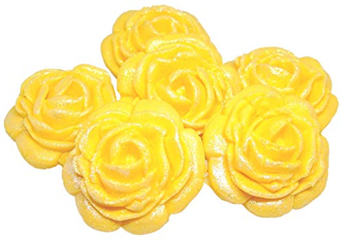 6 Large Edible Glittered Roses Flower Cake Topper Decorations (Yellow)