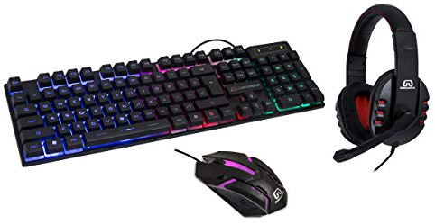 RGB PC Gaming Accessories Combo Kit - Gaming Keyboard and Gaming Mouse Combo - Spill-Proof USB Keyboard, Wired 3-Button Optical Mouse, Stereo Gaming Headset