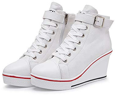 High-Top-Keilschuhe für Damen, EU-Größe 35-43, Leinen, Casual-Stil, für Frühling / Sommer, Keilabsatz, Weiß - 08 Weiß - Größe: 37 EU