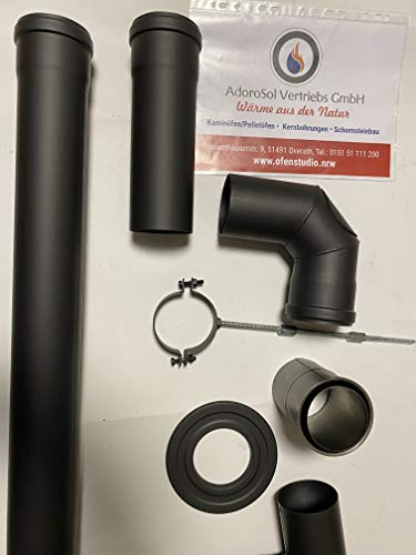 7 Teiliges Rauchrohrset 80 mm schwarz mit Rohrschelle und Rosette AdoroSol Vertriebs GmbH Pelletrohrset Pelletset